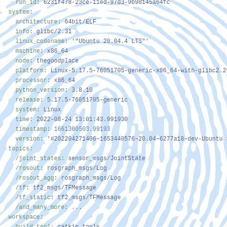 A screenshot of a YAML file output from system_fingerprint with a human fingerprint overlaid